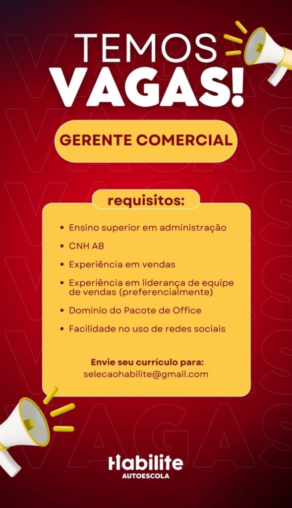 Vaga para Gerente Comercial