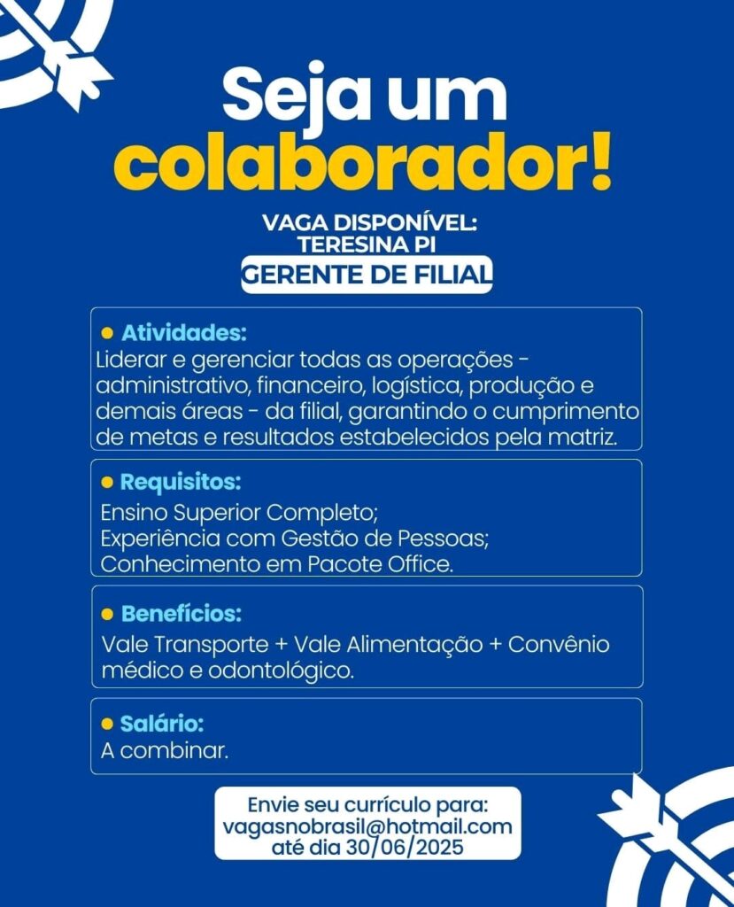 Vaga para Gerente de Filial