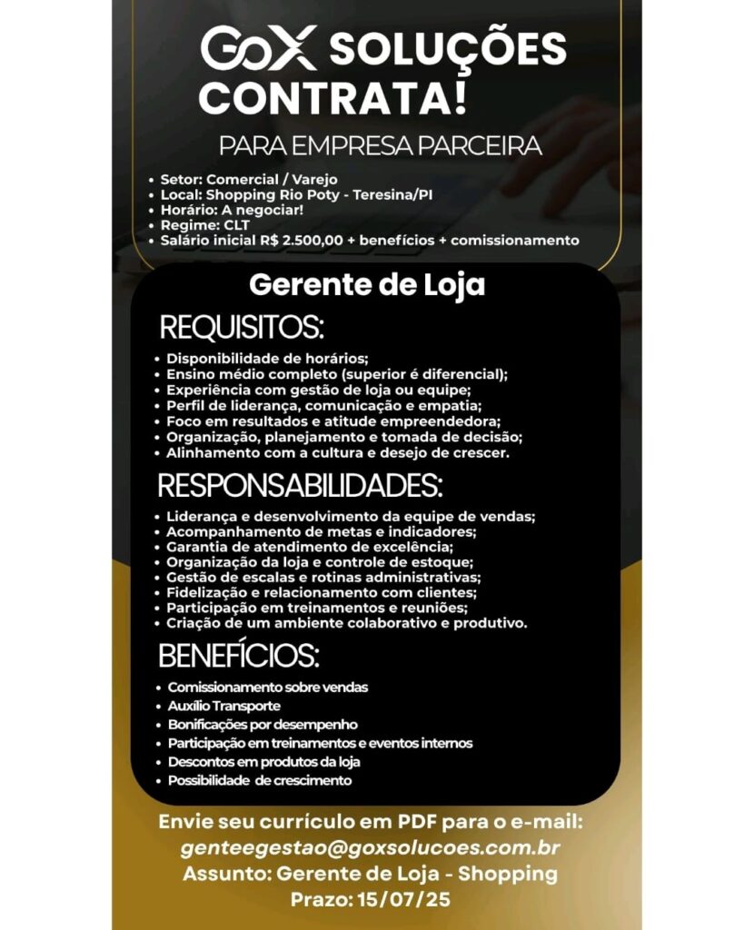 Vaga para Gerente de Loja