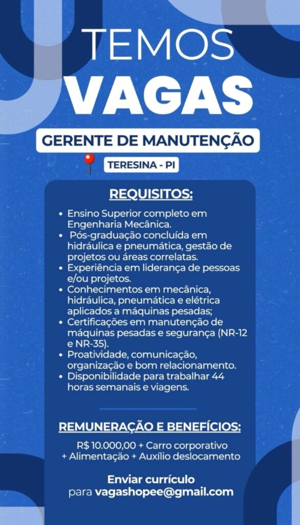 Vaga para Gerente de Manutenção