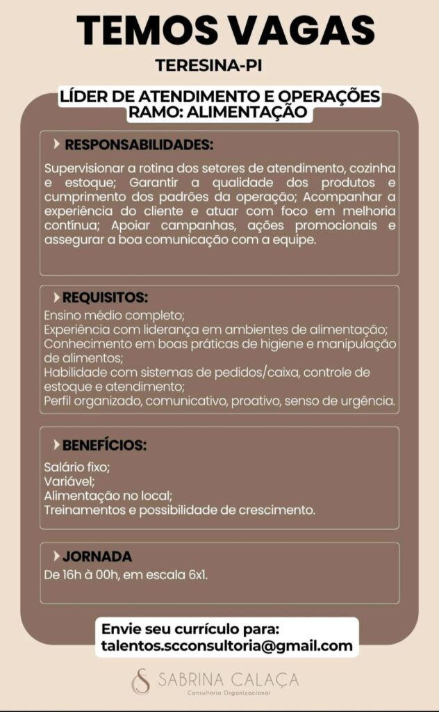 Vaga para Líder de Atendimento e Operações