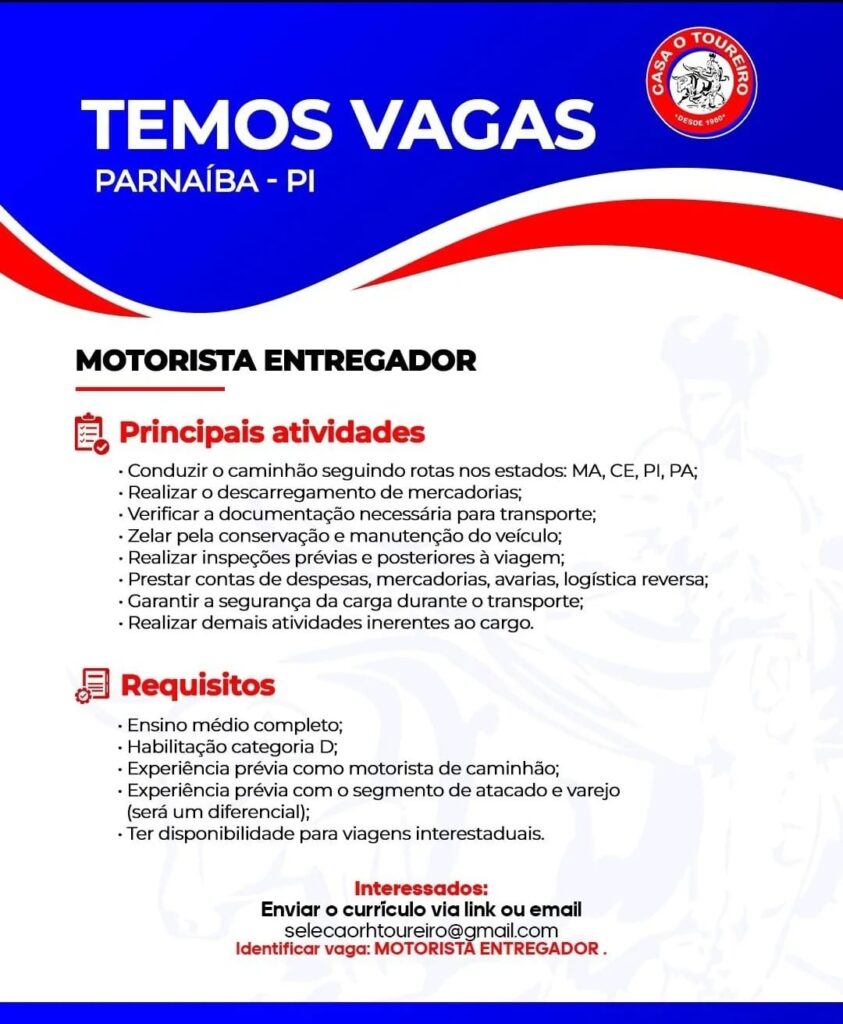 Vaga para Motorista Entregador em Parnaíba