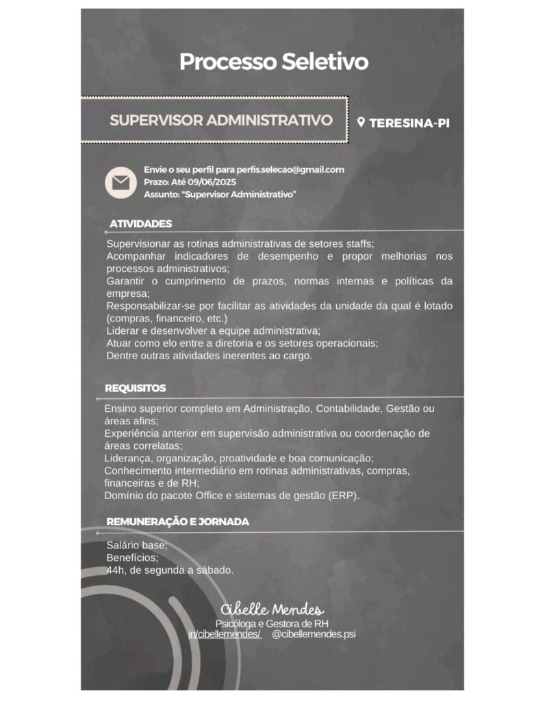Vaga para Supervisor Administrativo