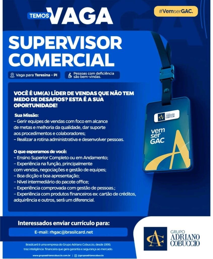 Vaga para Supervisor Comercial