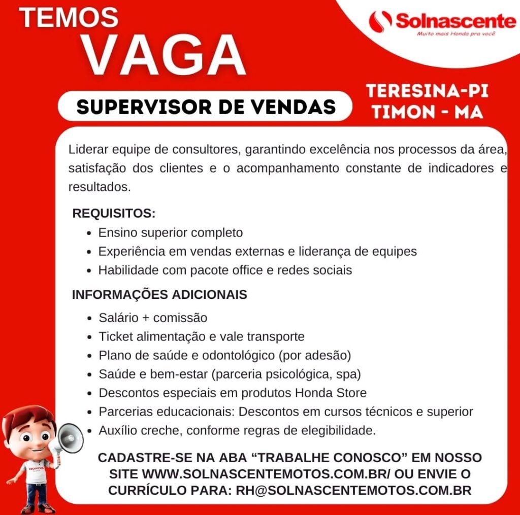 Vaga para Supervisor de Vendas