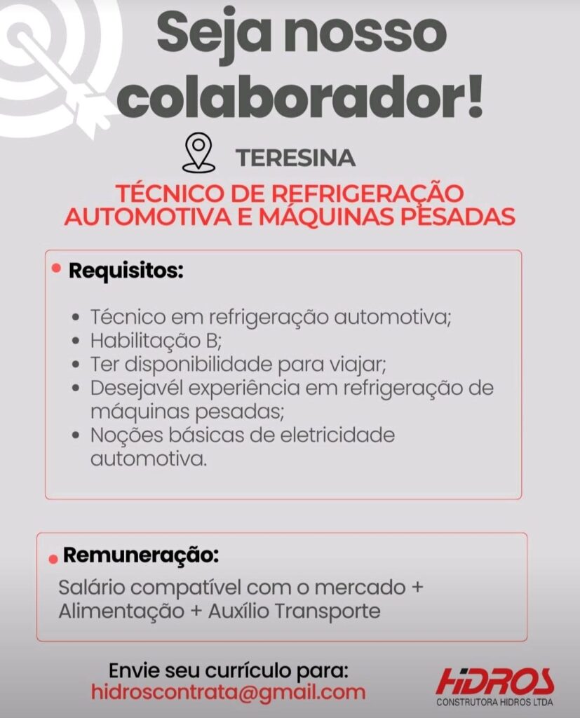 Vaga para Técnico de Refrigeração Automotiva e Máquinas Pesadas
