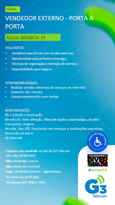 Vaga para Vendedor Externo (Porta a Porta) em Água Branca