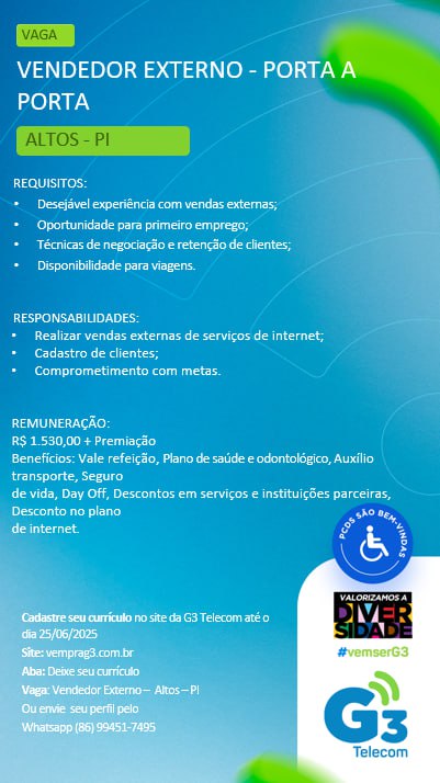 Vaga para Vendedor Externo (Porta a Porta) em Altos