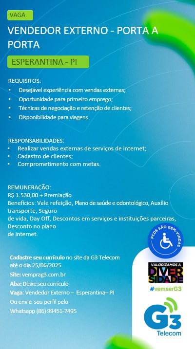 Vaga para Vendedor Externo (Porta a Porta) em Esperantina