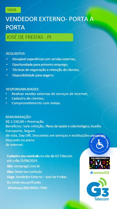 Vaga para Vendedor Externo (Porta a Porta) em José de Freitas