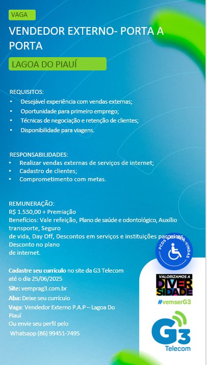 Vaga para Vendedor Externo (Porta a Porta) em Lagoa do Piauí