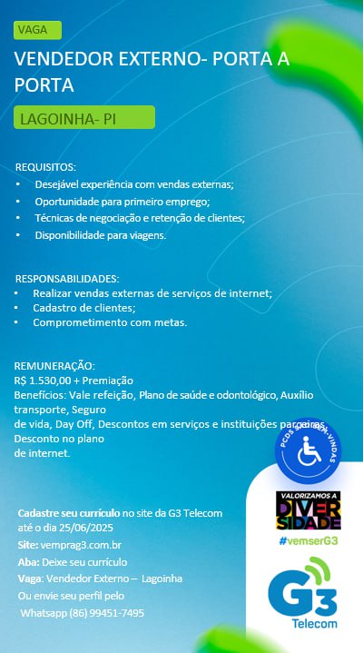 Vaga para Vendedor Externo (Porta a Porta) em Lagoinha