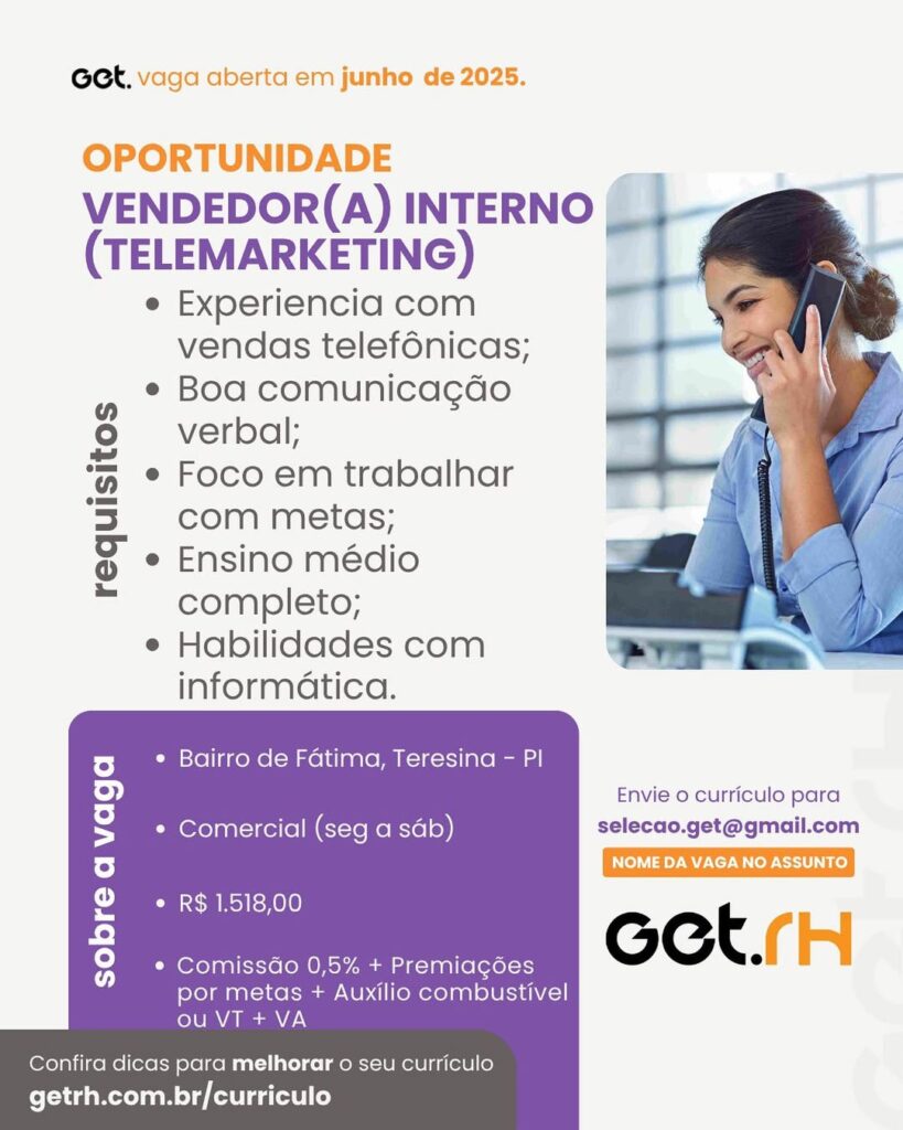 Vaga para Vendedor(a) Interno (Telemarketing)