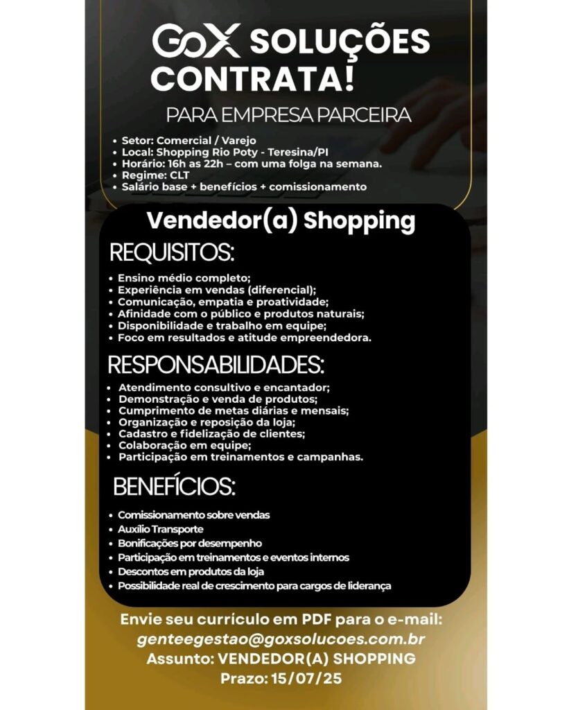Vaga para Vendedor(a) de Shopping