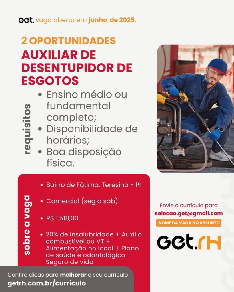 Vagas para Auxiliar de Desentupidor de Esgotos