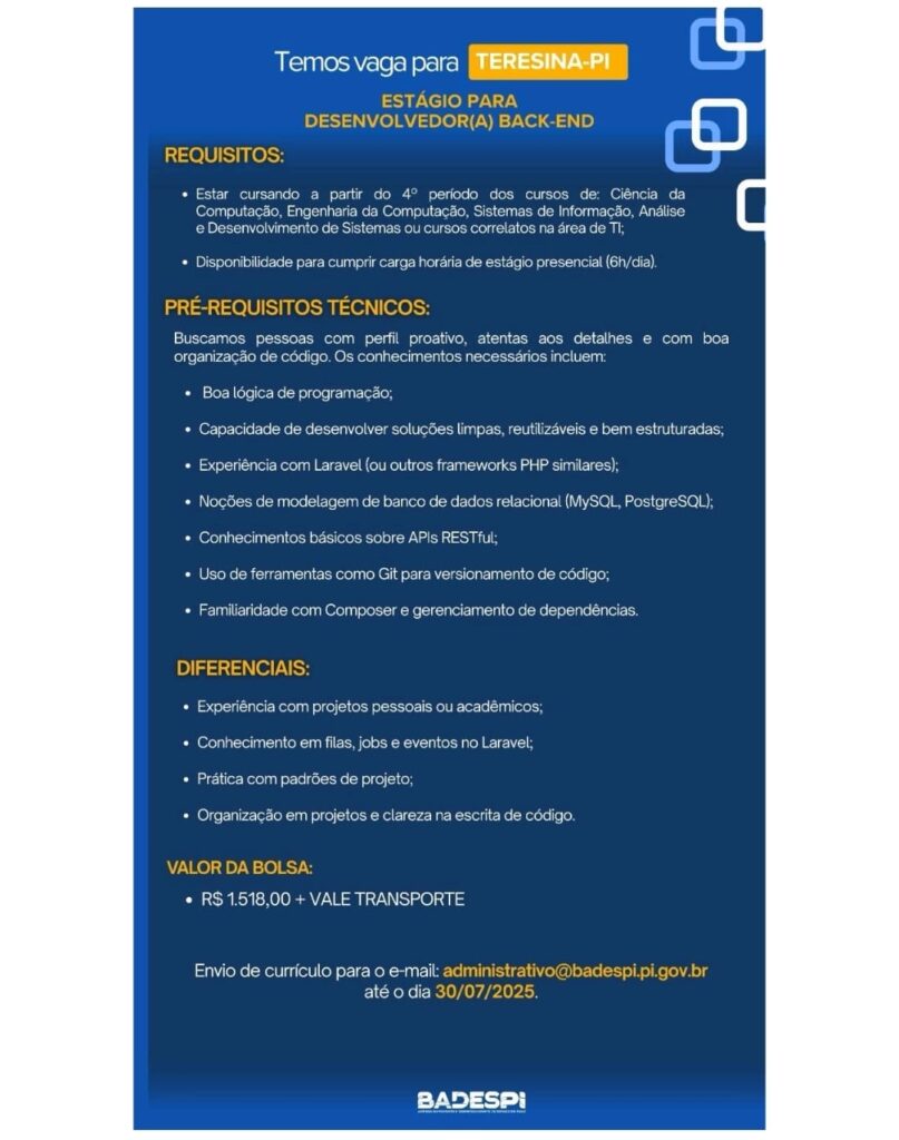 Vaga de Estágio para Desenvolvedor(a) Back-End