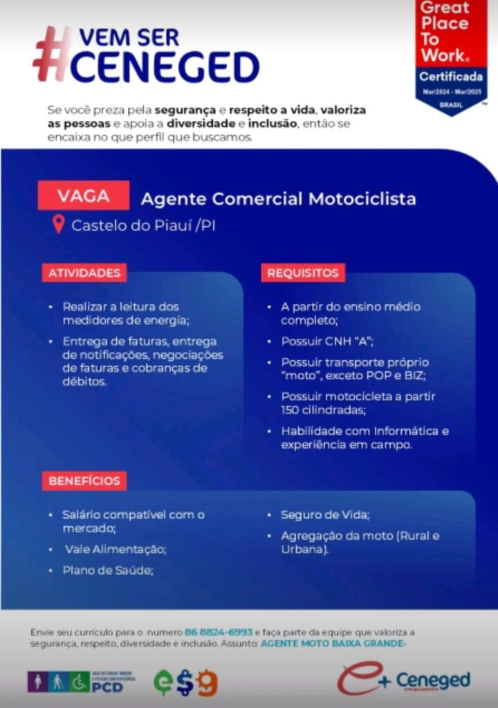 Vaga para Agente Comercial Motociclista em Castelo do Piauí