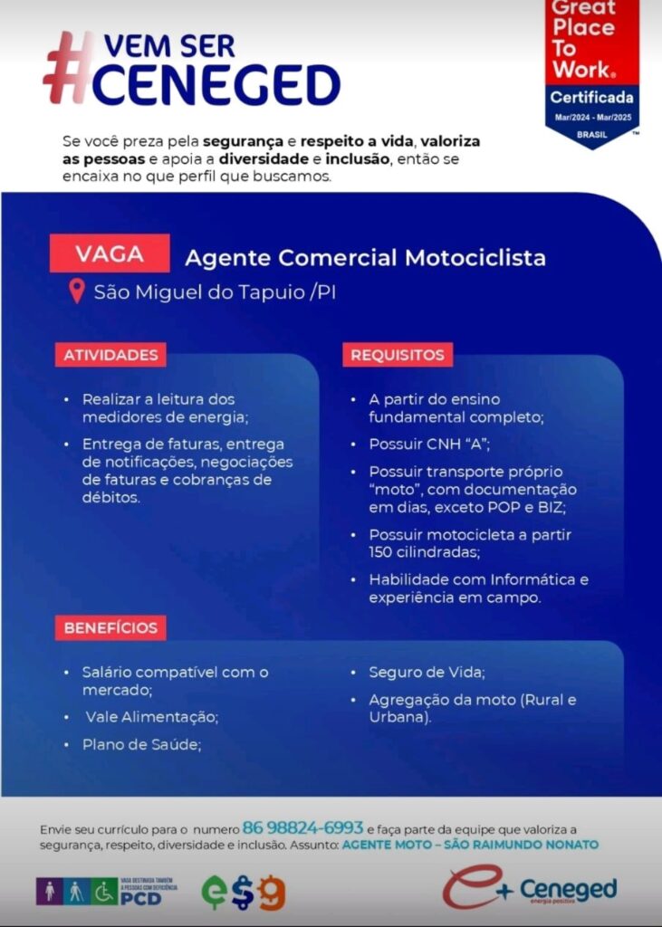 Vaga para Agente Comercial Motociclista em São Miguel do Tapuio