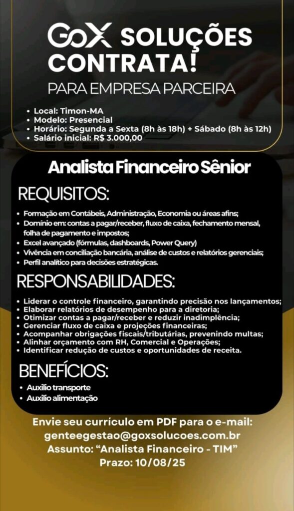 Vaga para Analista Financeiro Sênior
