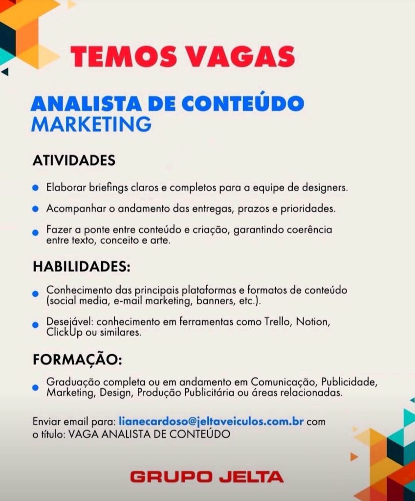 Vaga para Analista de Conteúdo Marketing