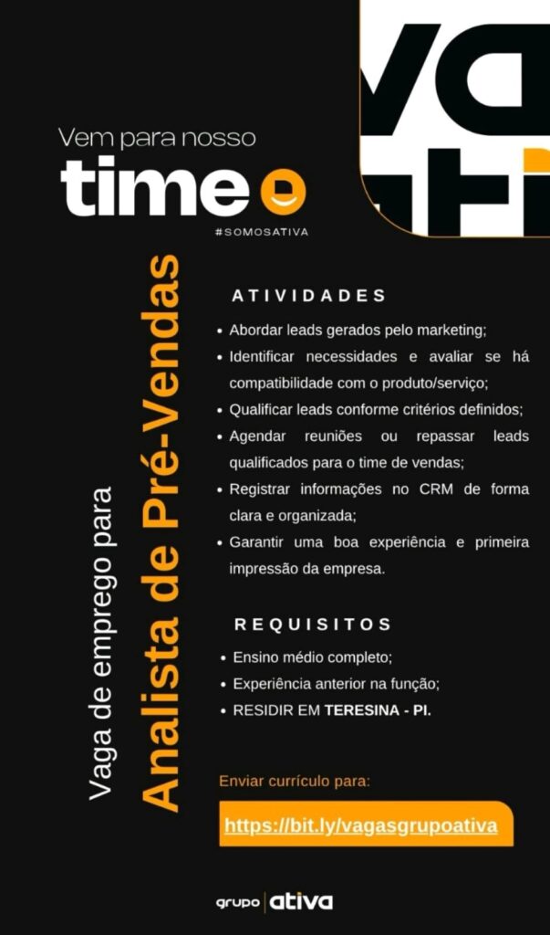 Vaga para Analista de Pré-Vendas