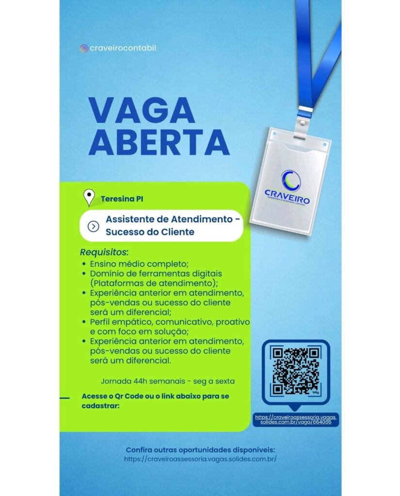 Vaga para Assistente de Atendimento