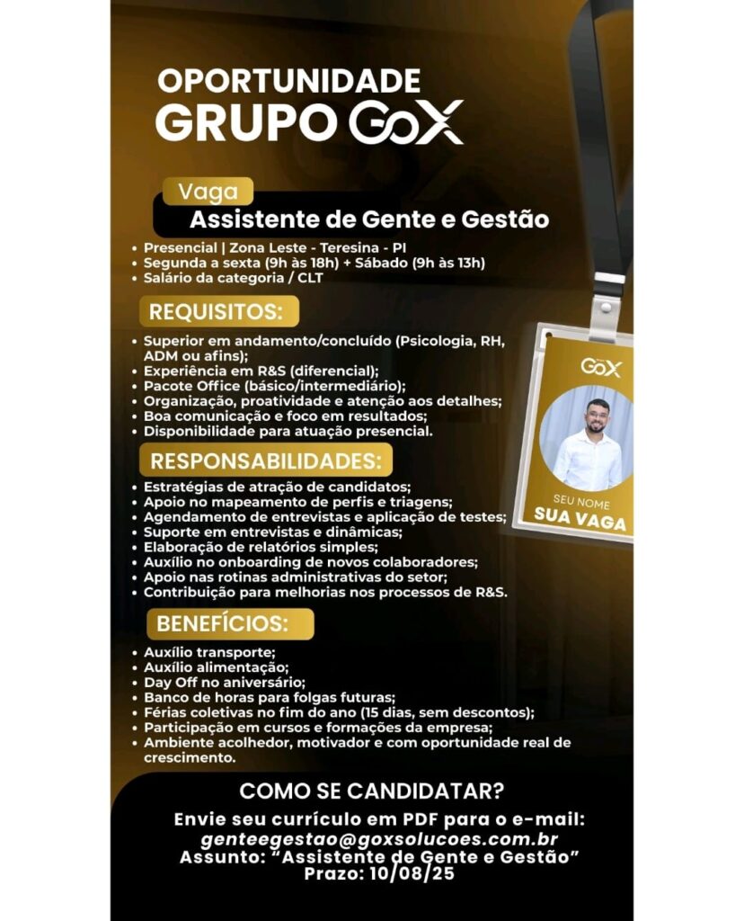 Vaga para Assistente de Gente e Gestão