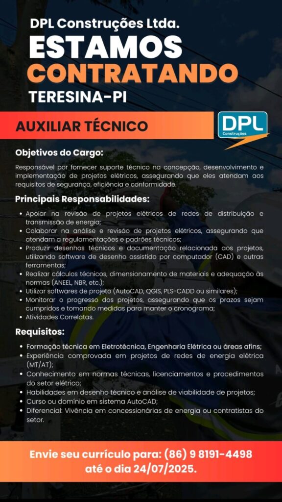 Vaga para Auxiliar Técnico