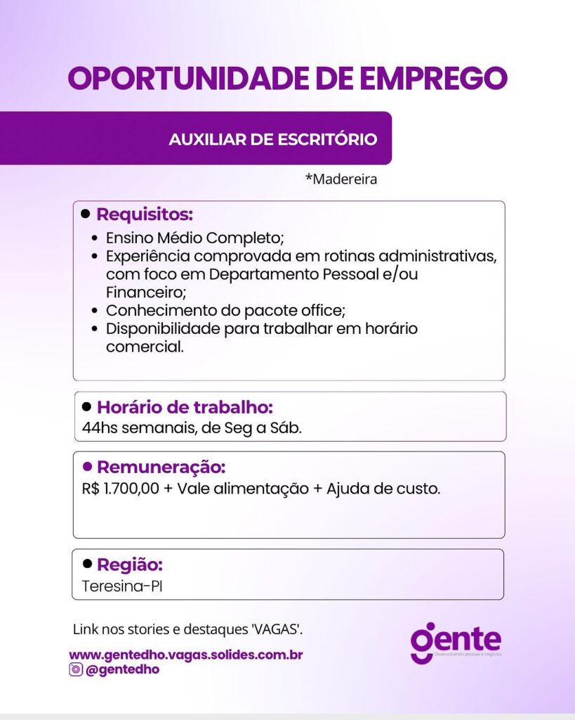 Vaga para Auxiliar de Escritório