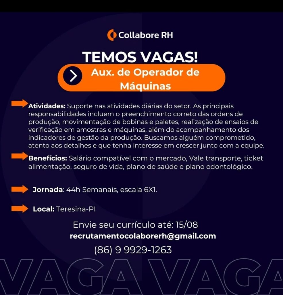 Vaga para Auxiliar de Operador de Máquinas