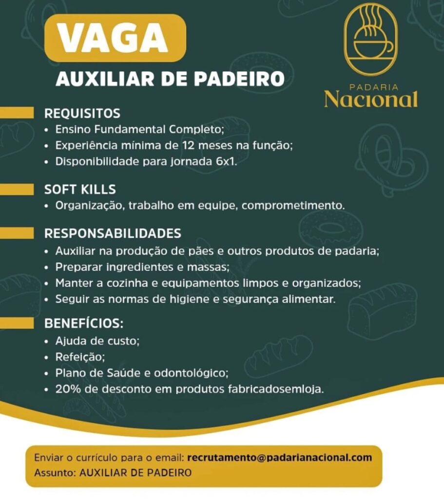Vaga para Auxiliar de Padeiro