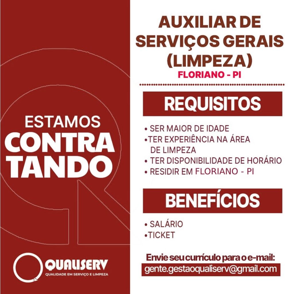 Vaga para Auxiliar de Serviços Gerais em Floriano