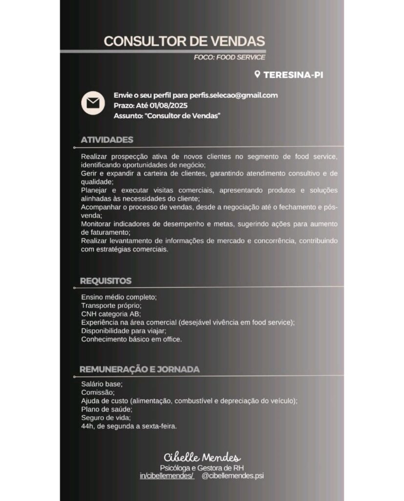 Vaga para Consultor de Vendas