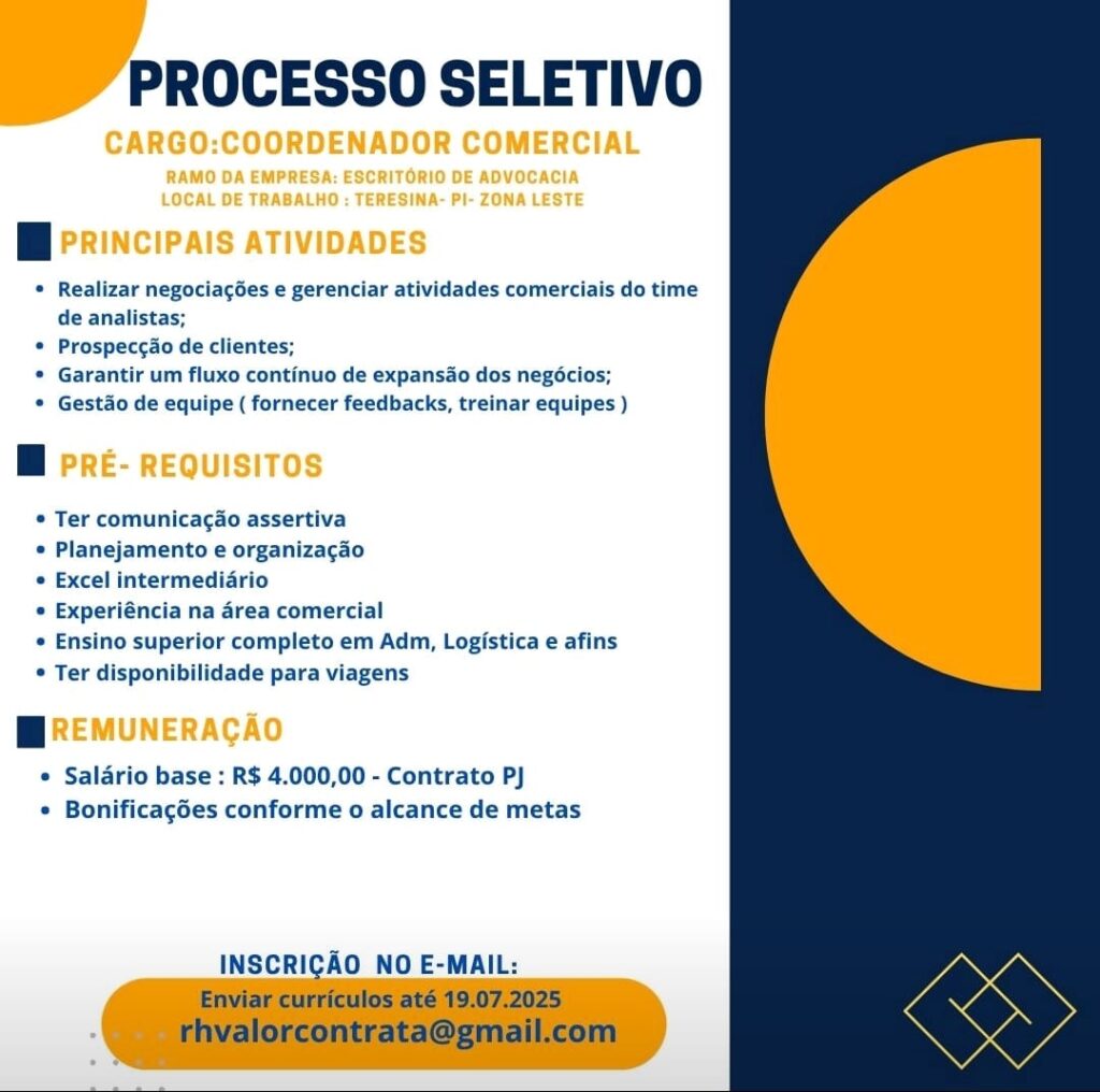 Vaga para Coordenador Comercial