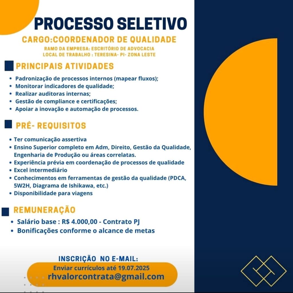 Vaga para Coordenador de Qualidade