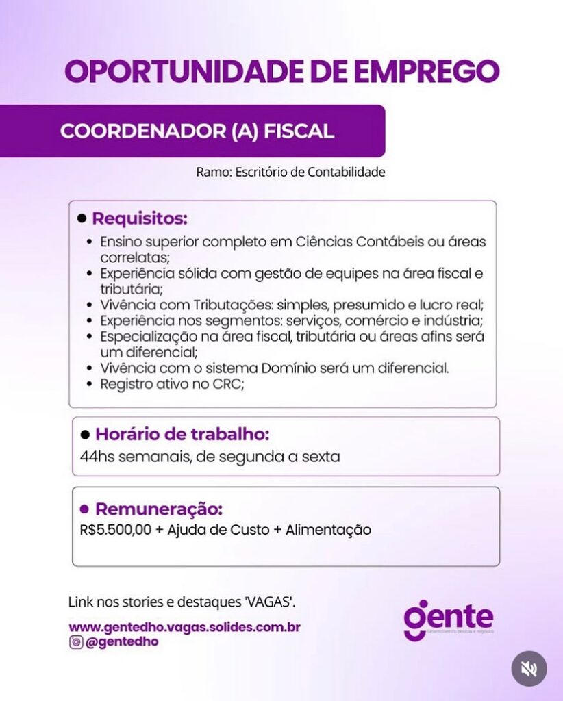 Vaga para Coordenador(a) Fiscal