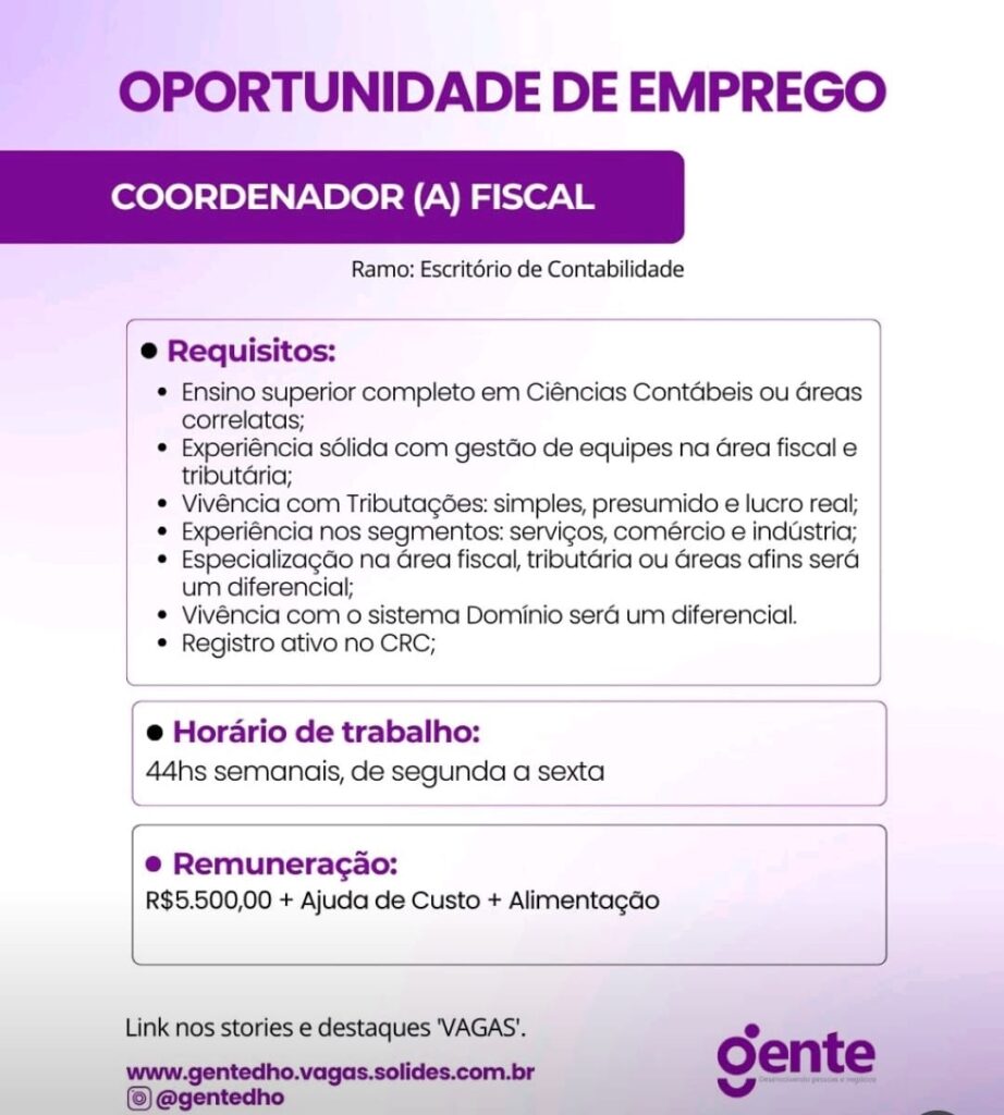 Vaga para Coordenador(a) Fiscal