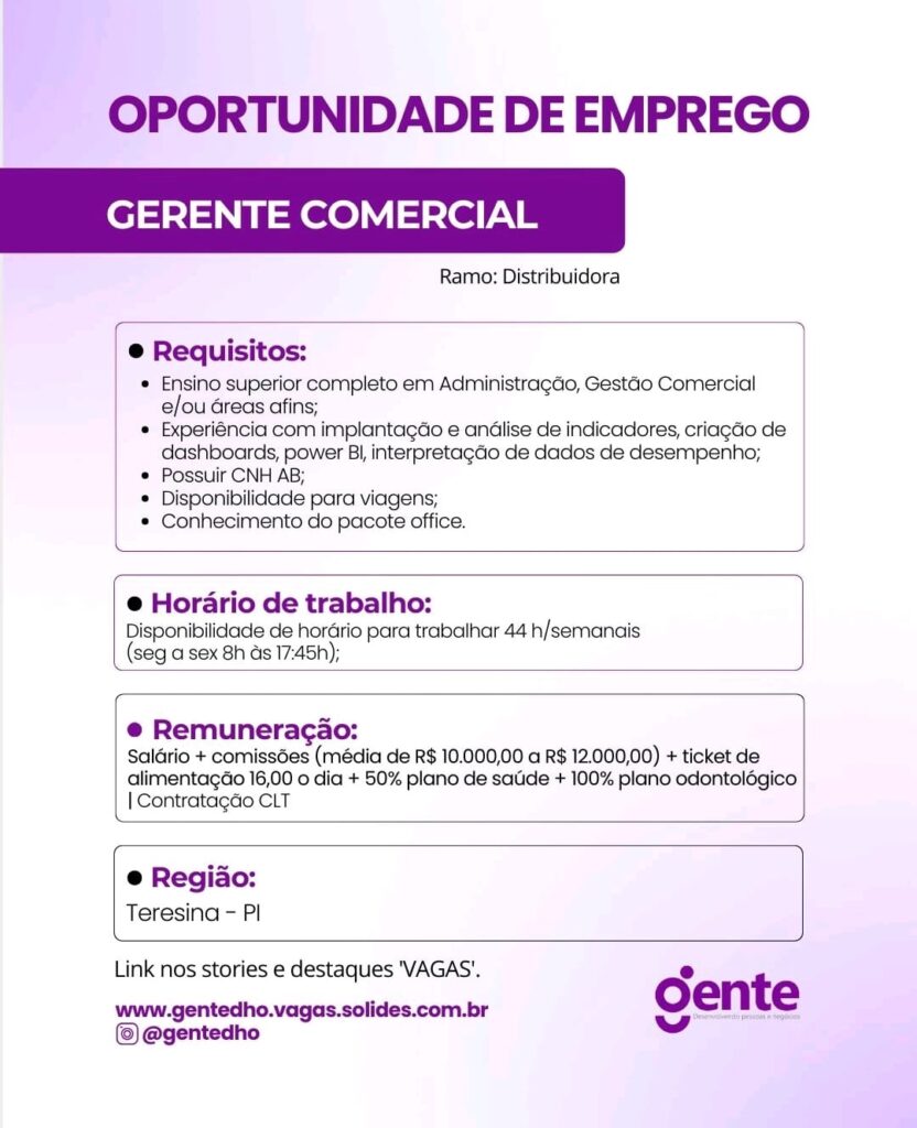 Vaga para Gerente Comercial
