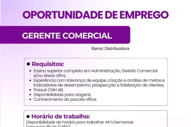 Vaga para Gerente Comercial