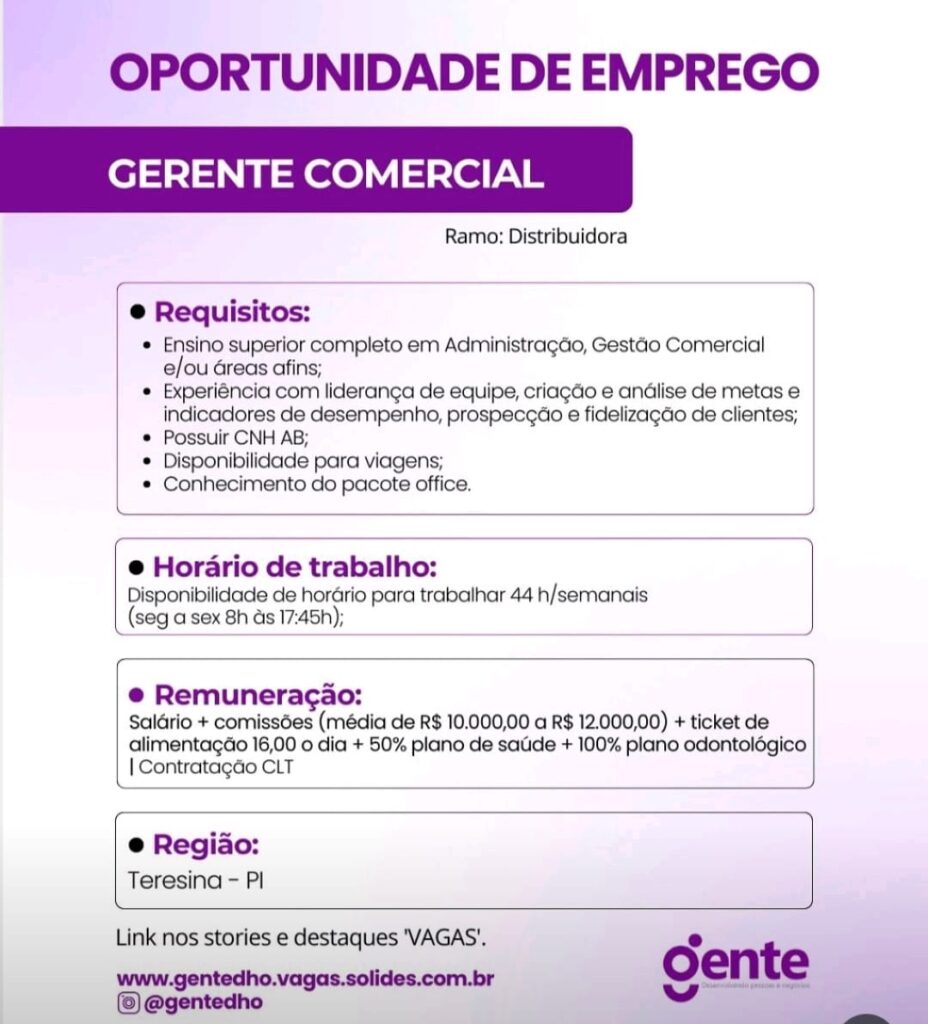 Vaga para Gerente Comercial