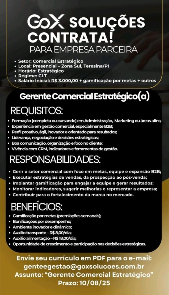 Vaga para Gerente Comercial Estratégico(a)