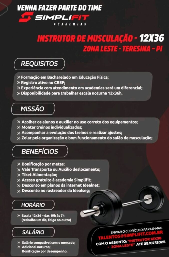 Vaga para Instrutor de Musculação (12x36)