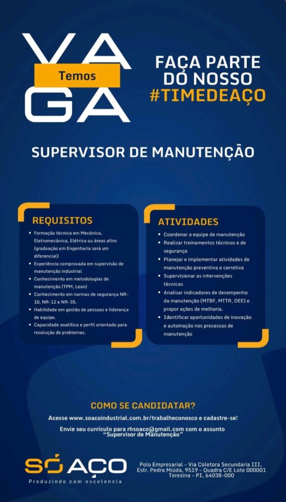 Vaga para Supervisor de Manutenção