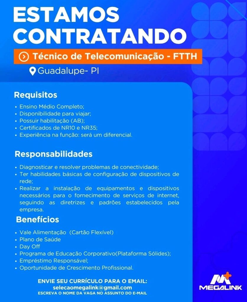 Vaga para Técnico de Telecomunicação em Guadalupe