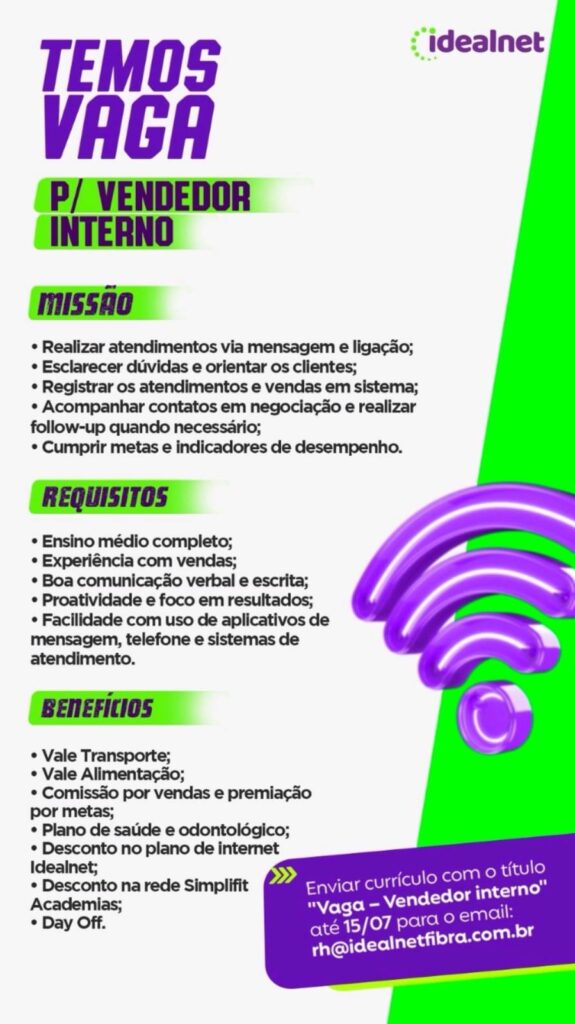Vaga para Vendedor Interno