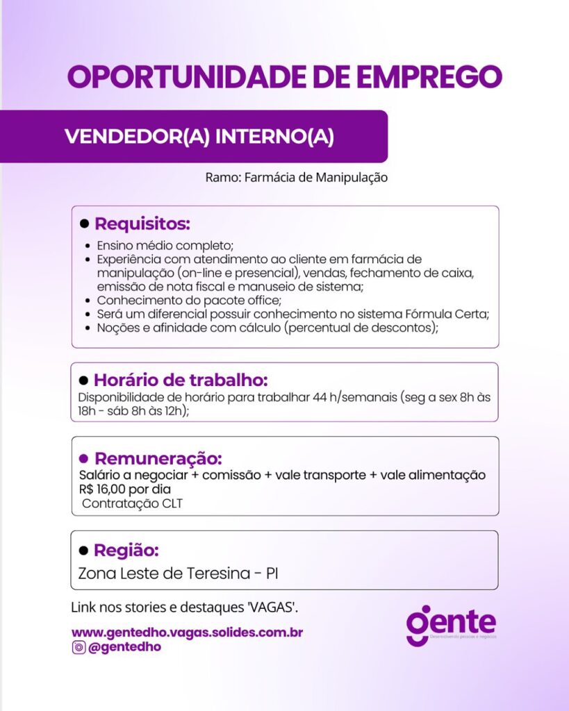 Vaga para Vendedor(a) Interno(a)