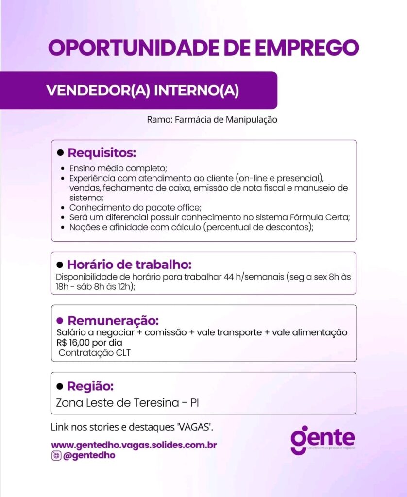 Vaga para Vendedor(a) Interno(a)