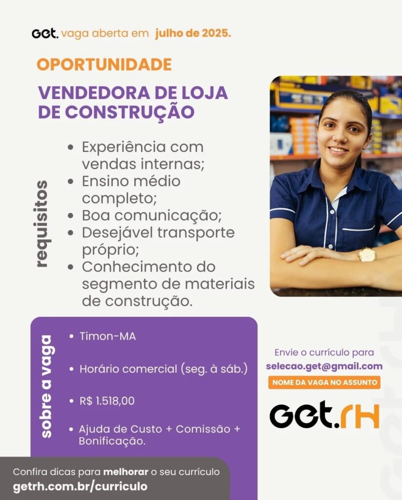 Vaga para Vendedora de Loja de Construção