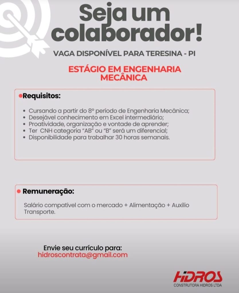 Vaga de Estágio para Engenharia Mecânica