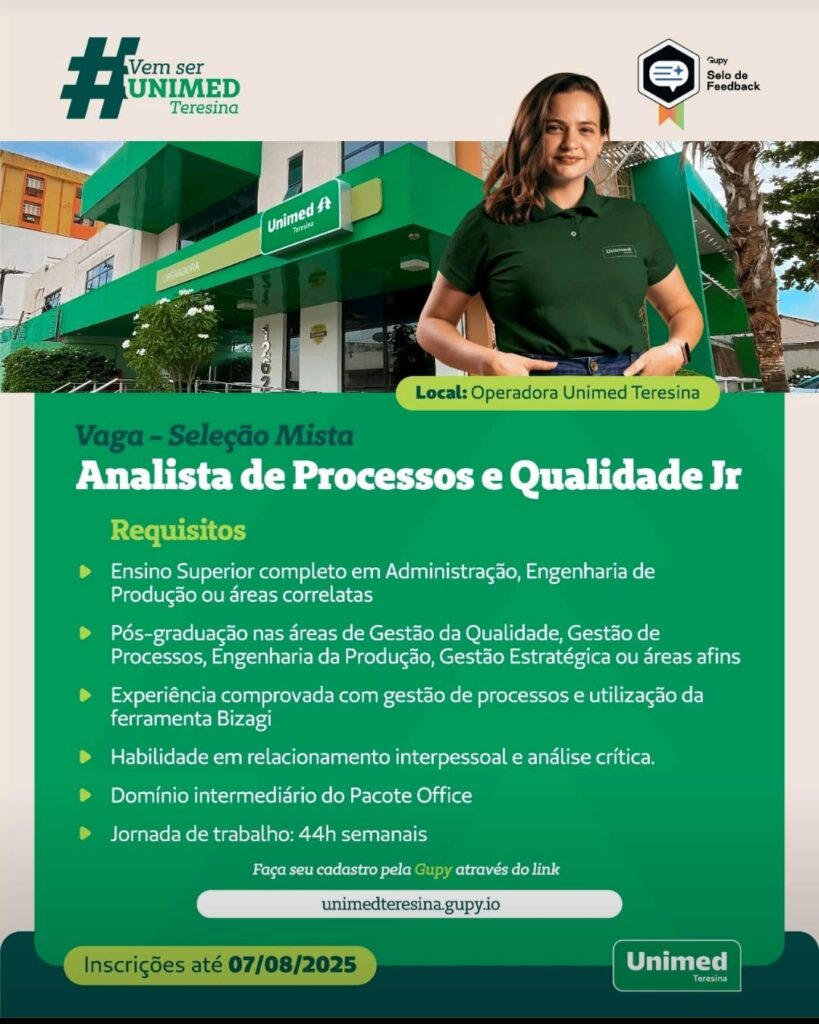 Vaga para Analista de Processos e Qualidade Jr